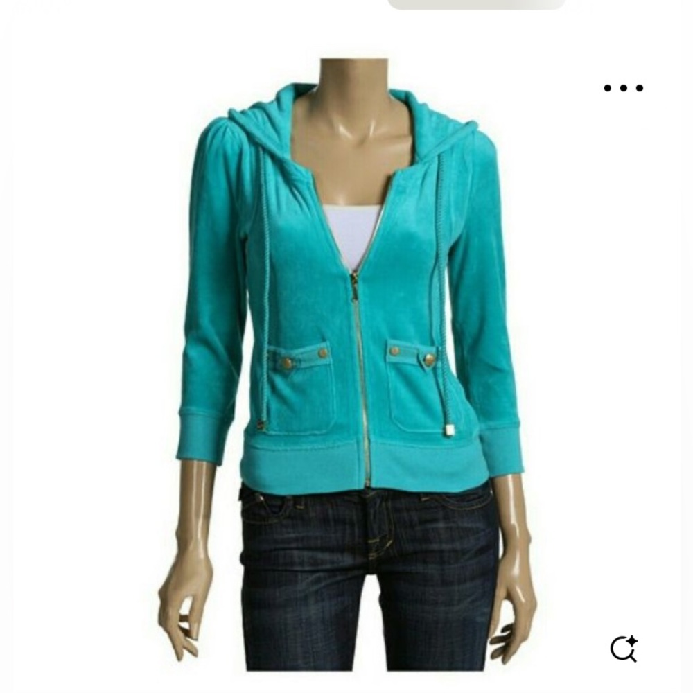 Juicy Couture Blue Velour Zip-Up Hoodie Sweatshirt Gold hardware